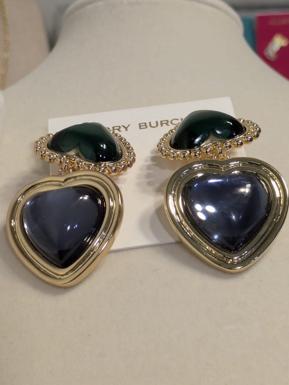 Tory Burch Gold-Tone Heart Drop Clip on Earrings with Dark Green and Black Heart